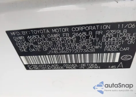 2007 Lexus Es 350 from USA, damaged, VIN JTHBJ46G772073638